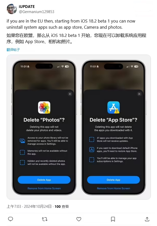 郴州苹果手机维修分享iOS 18.2 支持删除 App Store 应用商店 